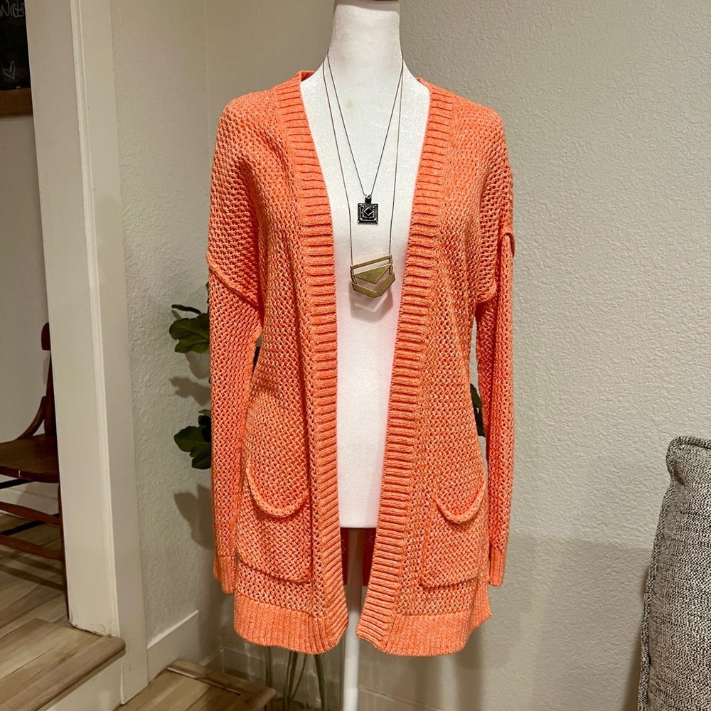 Gap Orange Open Knit Long Cardigan Sweater with Pockets - Small